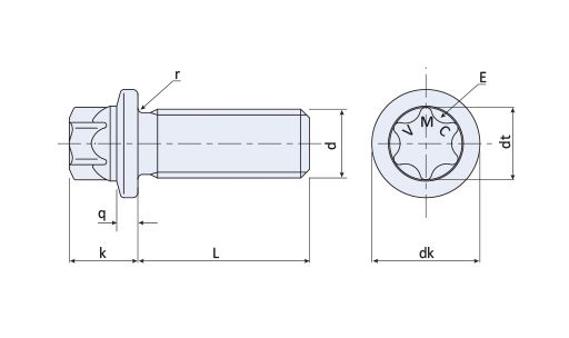 Disegno Viti con elemento di guida esalobato esterno con flangia piccola - DIN 34800